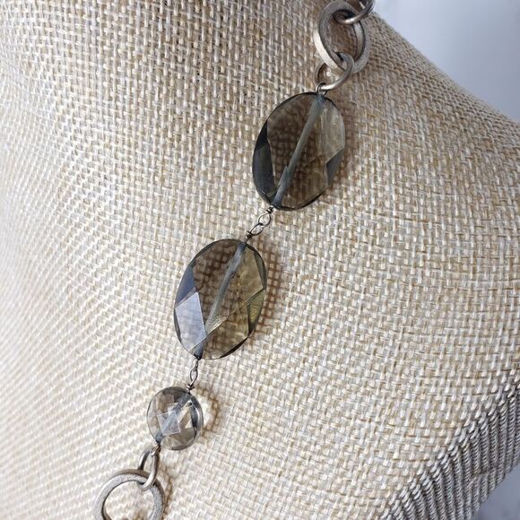 LONG Matte Gold Necklace Smokey Glass Beads - Picture 4 of 7
